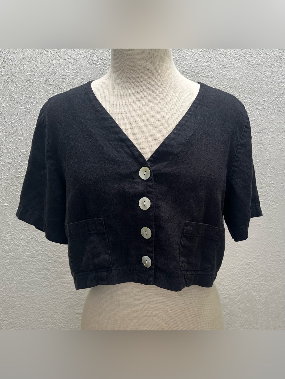 Vintage Cropped Black V-Neck Button Front Top